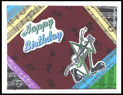 This birthday card features musical notes in the background.