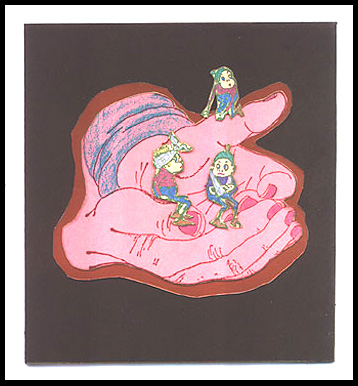 Three Brownies are sitting in the stamp, Cupped Hands.
