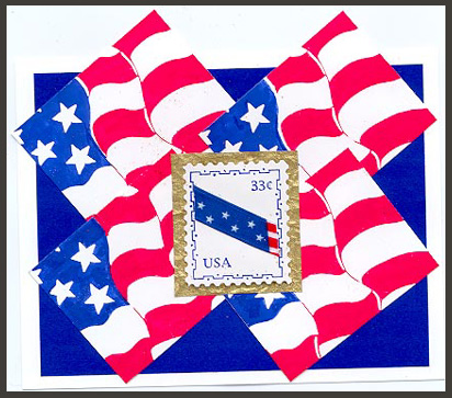 This card was created by stamping four USA Flag Furling, Sm. and Frame #21 with stars and stripes ribbon placed diagonally across it.