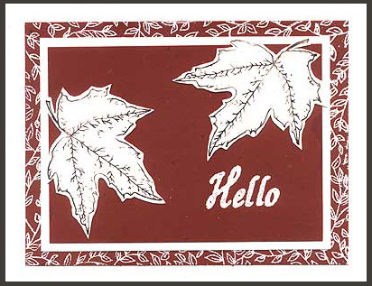 This card was created using the Leaf Background, Leaf #1 and Hello stamps.