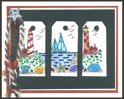 The stamp, Sailing with Border was stamped on three different tags to make this card.