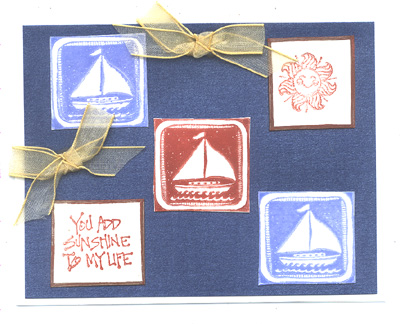 Bold Block - Sailboat is stamped three times on this card.