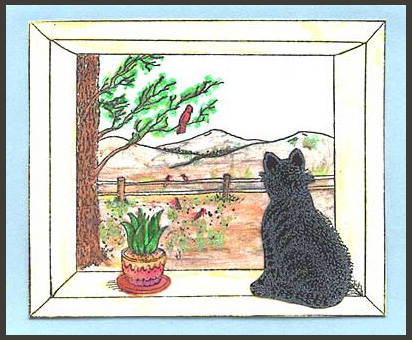 The stamp, Cat in Scenic Window was stamped and colored.