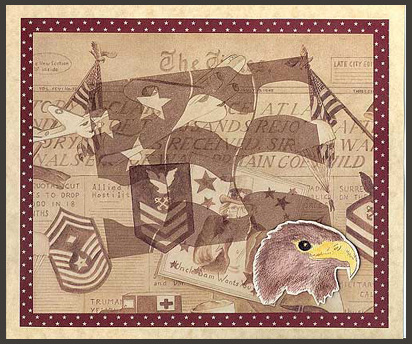 This card was created by stamping the Furling Flag Background on scrapbook paper with Miliary Art Images on it.