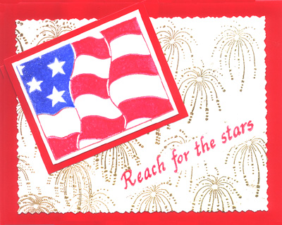 This card was created by stamping the Fireworks repeatedly for a background and superimposing the USA Flag Furling on it.