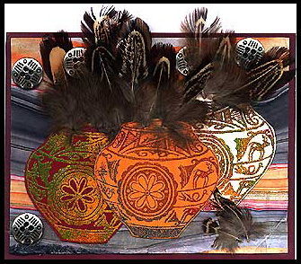 This card was created using Zuni Pot, Lg. and real feathers.