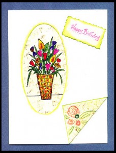 Happy Birthday card with Flower Basket in oval cut-out.