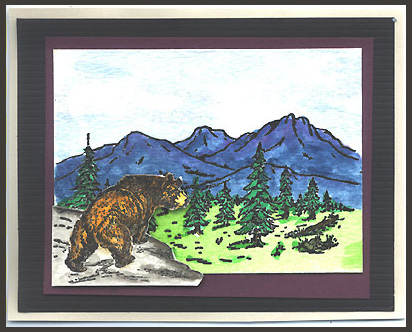 This card was created using two stamps, Bear on Ledge, Lg. and Mountain Scene.