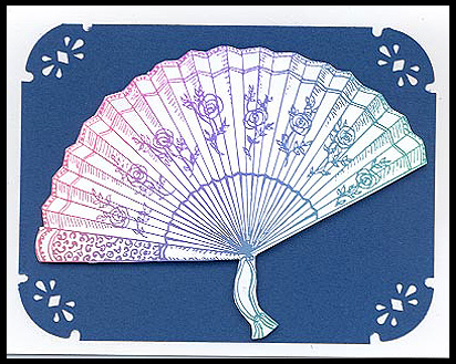 This card is created by stamping the Rose Fan, Lg. using a rainbow pad.